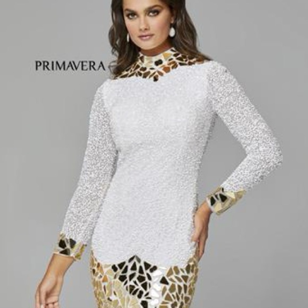 NWT RARE Primavera Couture White and Gold Mirror Glass Cocktail Dress